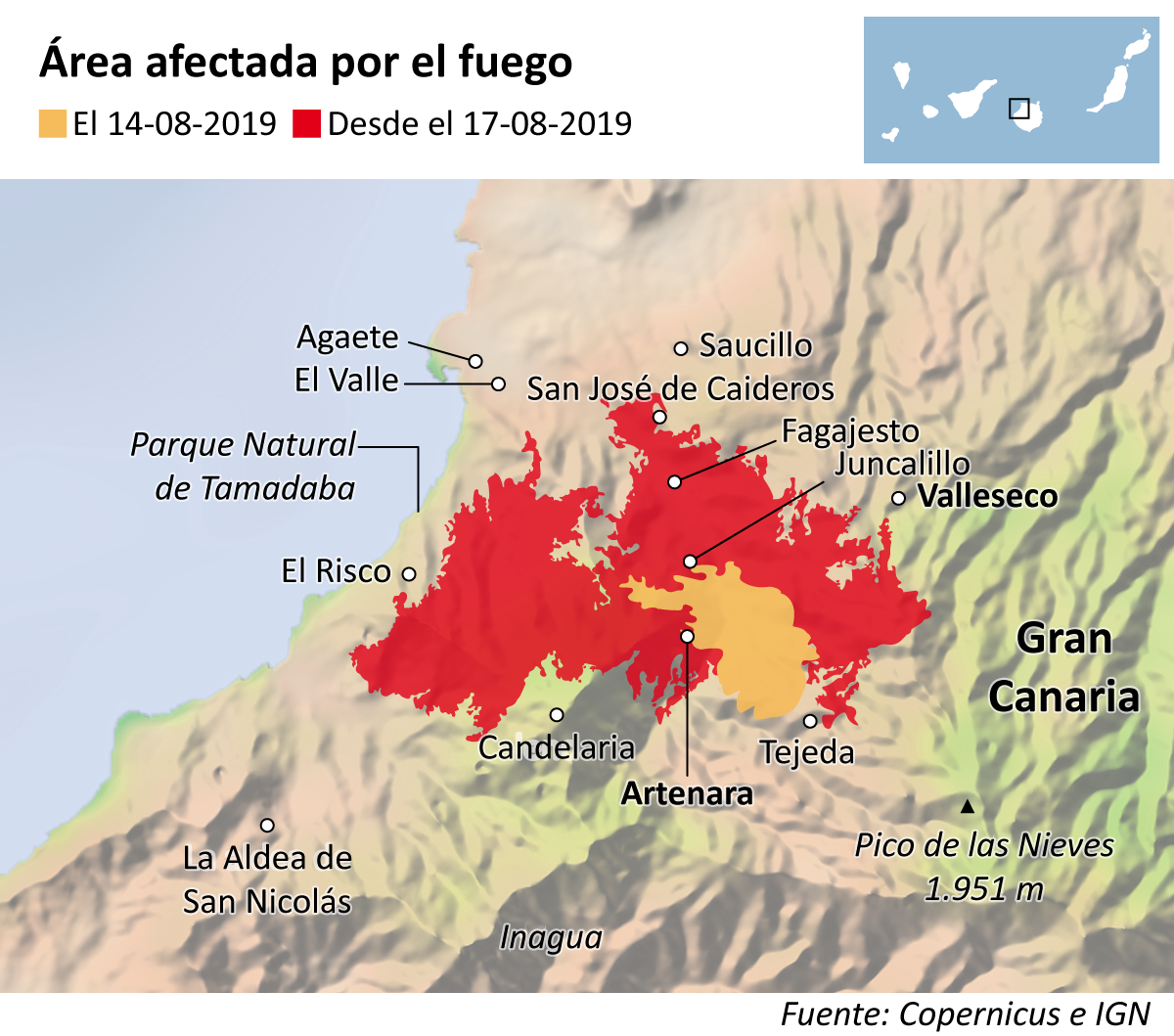 Area afectada por el incendio de Gran Canaria 2019